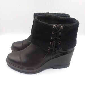 Timberland Kellis Black Leather Mid Fold Down Wedge Boots Womens 10‎